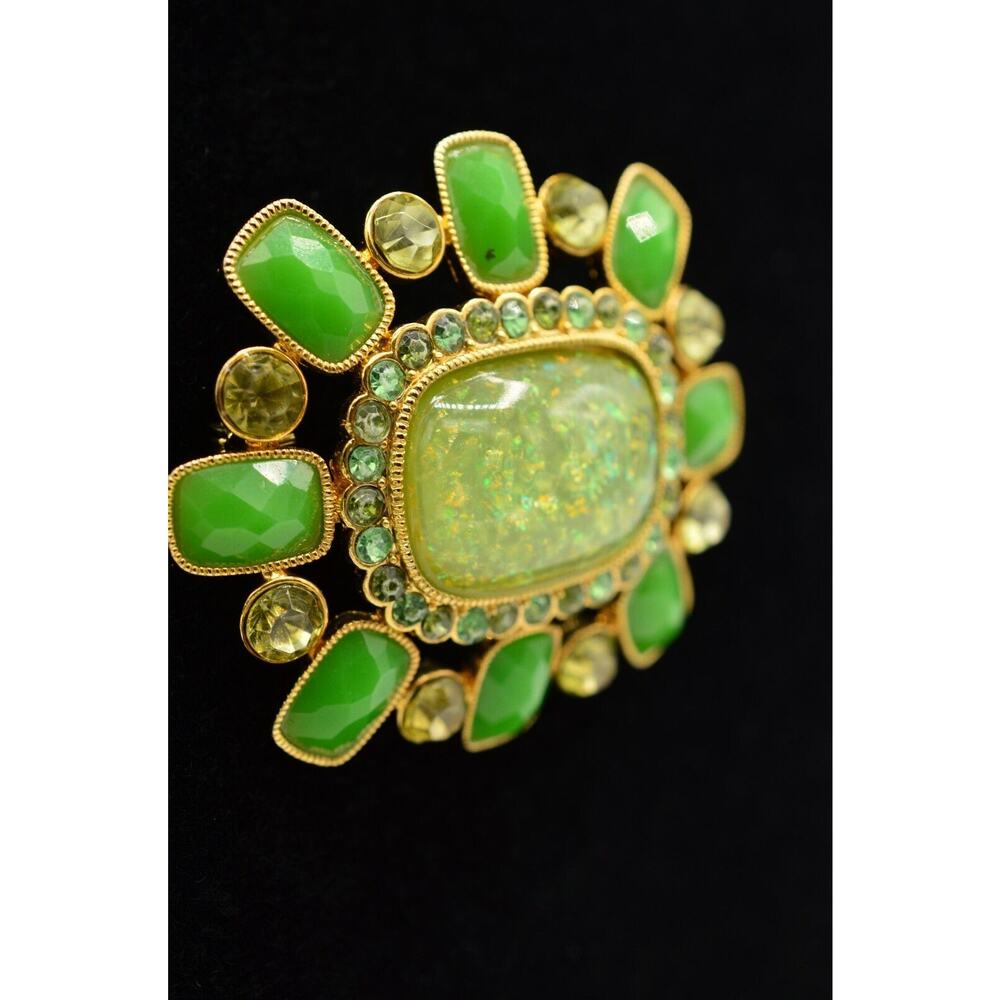 Statement Pin Brooch Multi-Tone Green Rhinestone Jeweled Opaline Gold Tone BinF - Picture 2 of 9